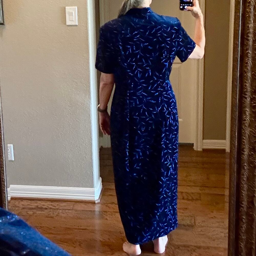 Another Thyme Blue Velvet Maxi Dress Glitter Leaf Pattern Vintage 18 Large 8 -10 - Picture 12 of 13